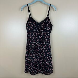 Y2K Black Pink Floral Babydoll Slip Dress M Whimsigoth Dark Romantic Mesh Lined